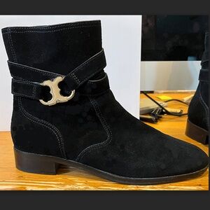 TORY BURCH Gold Gemini Link Ankle Booties BLACK SUEDE 10M